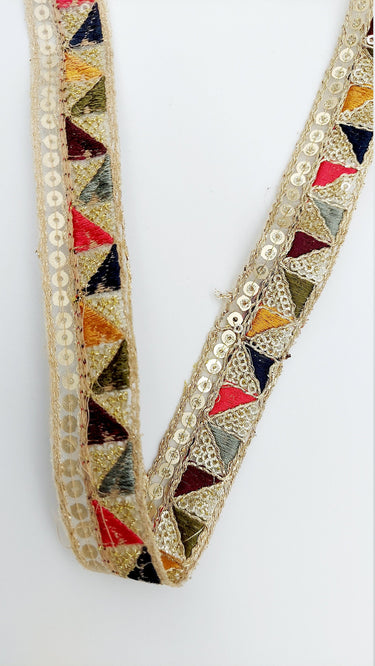 Gold Sequin Border With Multicoloured Triangle Embroidery, Beige Shimmer Lace Trim, Decorative Trim